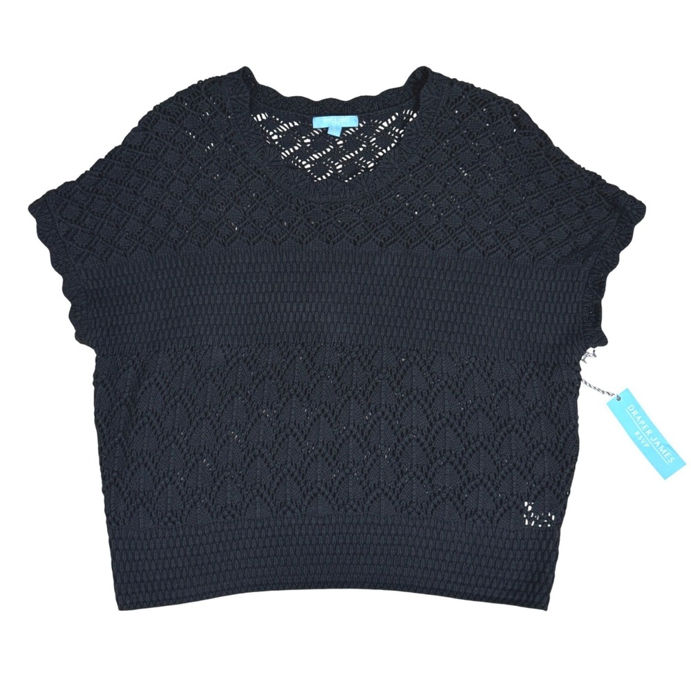 Draper James RSVP Black Crochet Short Sleeve Sweater Top XL KD3231SWR